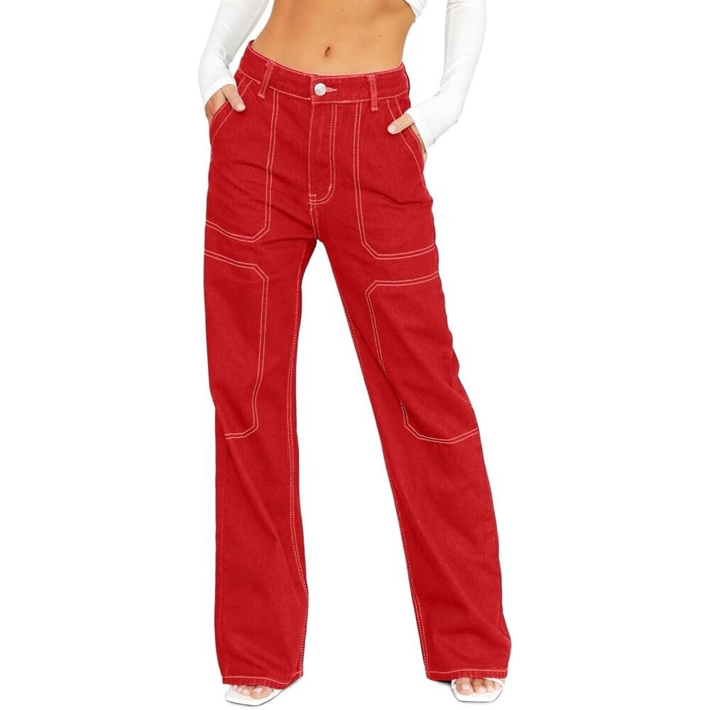 Women's Cargo Jeans Loose Fit Wide Leg Denim Pants Zipper Closure